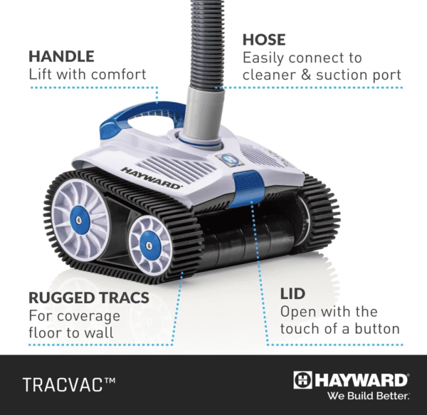 A picture of the Hayward W3HSCTRACCU TracVac Suction Pool Cleaner for In-ground Pools up to 40 ft in Length – Automatic Pool Vacuum – Climbs Walls - Overcomes Pool Floor Obstacles,Blue.